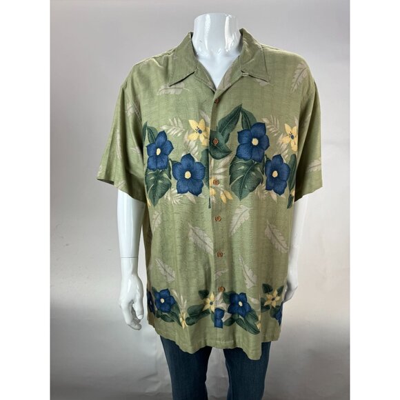 Cherokee XL Mens Green Floral Short Sleeve Button-Up Shirt - Picture 1 of 16